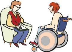 Leichte Sprache: Frau hört 1 Frau im Rollstuhl zu