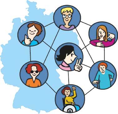 Leichte Sprache: Frauen mit Behinderung vernetzt vor Land-Karte Deutschland