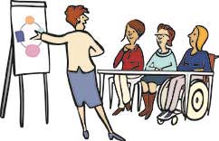 Leichte Sprache: Frauen mit und ohne Behinderung hören Vortrag mit Flipchart