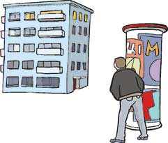 Leichte Sprache: Mann wartet hinter Werbe-Säule vor Haus