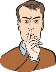 Leichte Sprache: Mann zeigt mit Finger vor dem Mund: Still sein