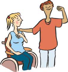 Leichte Sprache: 2 starke Frauen. 1 Frau im Rollstuhl, 1 Frau steht